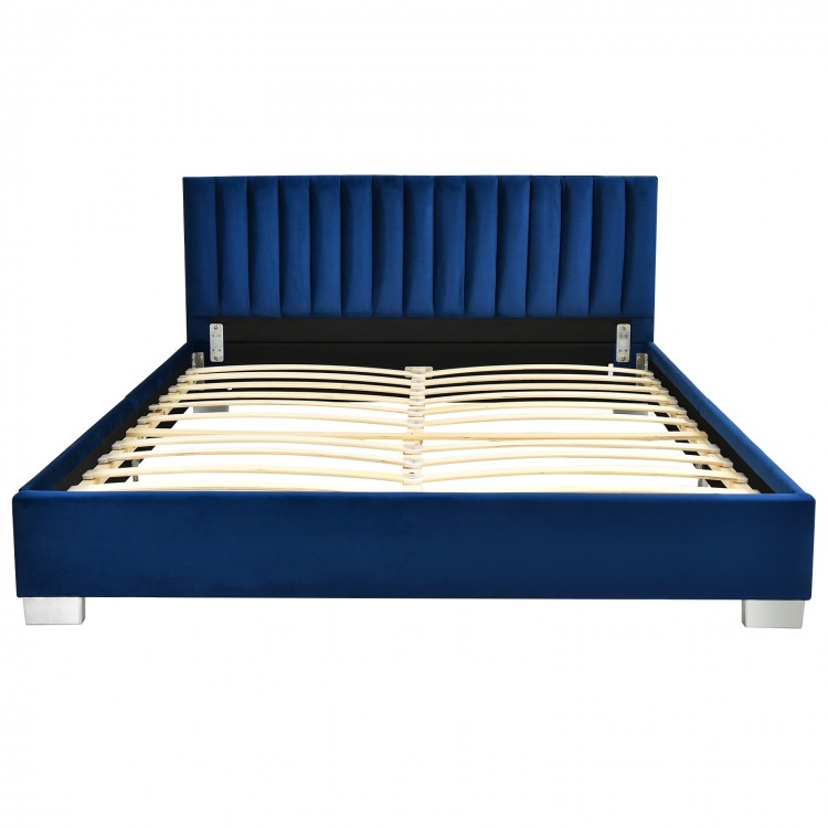 Full tufted upholstered platform bed frame in navy with flannel headboard and sturdy wooden slats for comfortable sleep.