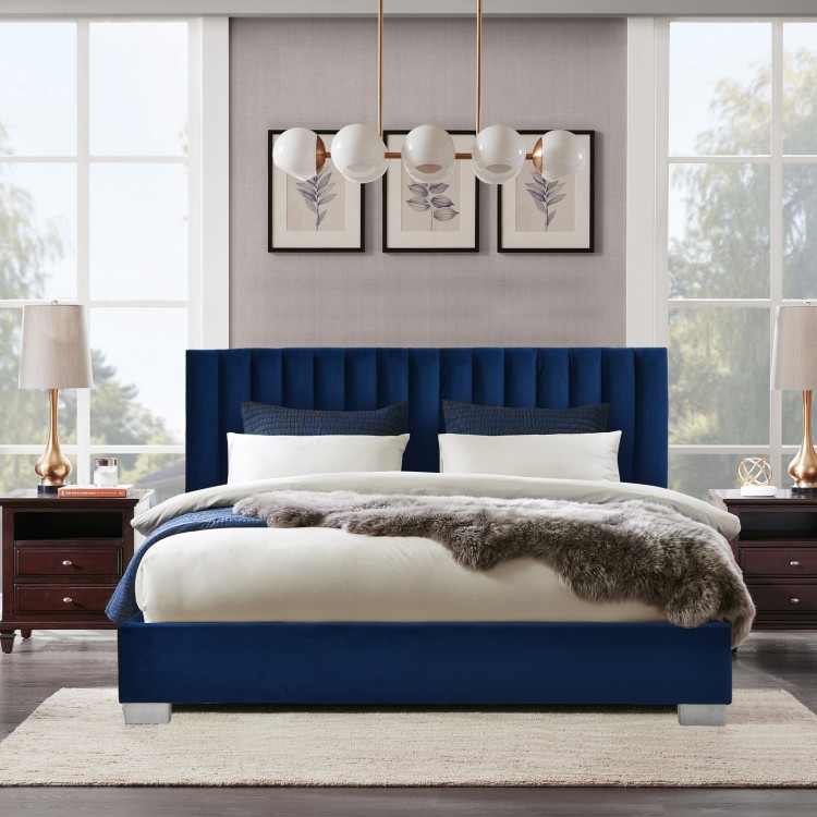 Full tufted upholstered platform bed frame in navy with flannel headboard, perfect for modern bedrooms and guest rooms.