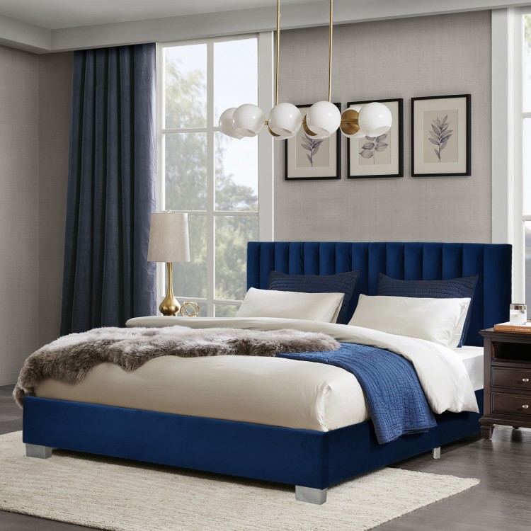 Navy full tufted upholstered platform bed frame with a stylish flannel headboard, enhancing modern bedroom aesthetics.