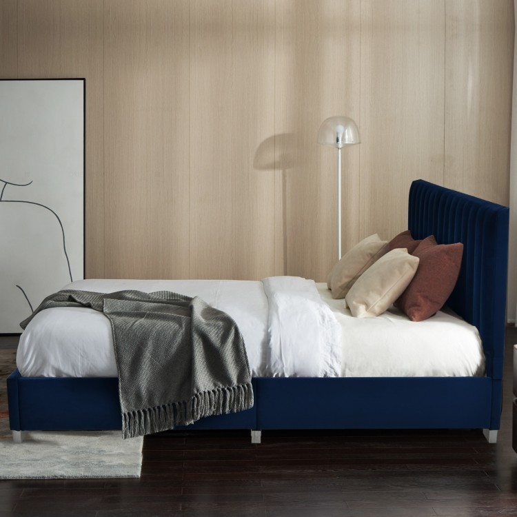 Full tufted upholstered platform bed frame in navy with flannel headboard, ideal for modern bedrooms and guest rooms.