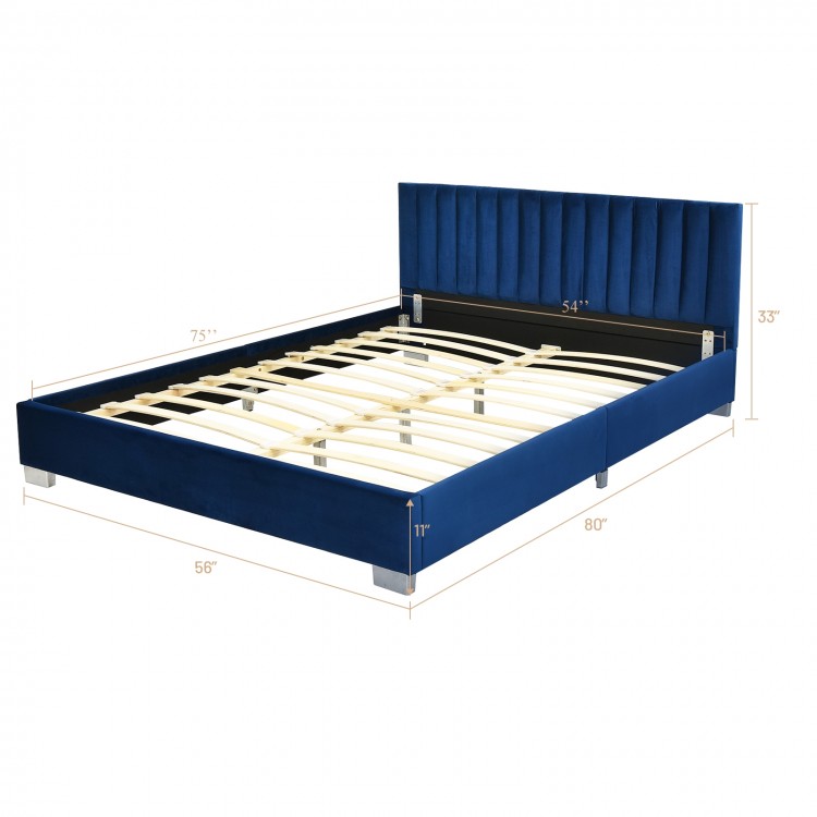 Full tufted upholstered platform bed frame in navy with flannel headboard, featuring sturdy wooden slats for comfort.
