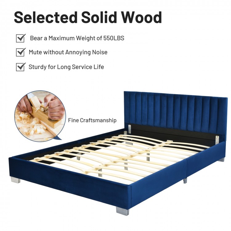Full tufted upholstered platform bed frame in navy with solid wood slats for a quiet and comfortable sleeping.
