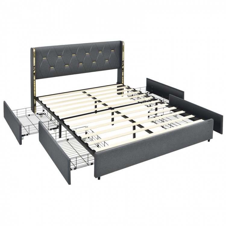 Upholstered full/queen bed frame with tufted headboard and 4 storage drawers, featuring a sturdy steel structure and.