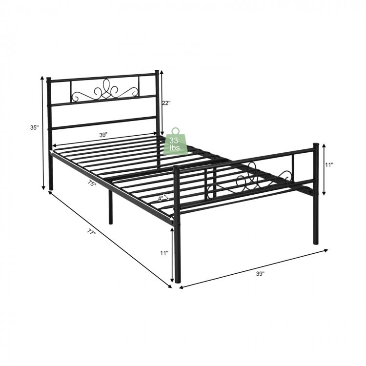 Twin size metal bed frame with headboard and footboard, featuring solid steel slats and extra support legs for.