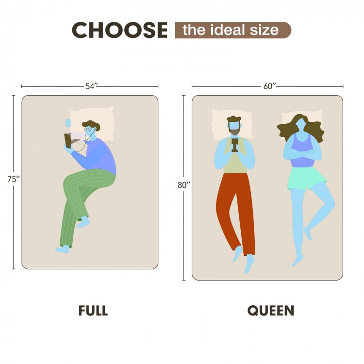 Full and queen size comparison of an 8-inch memory foam mattress with jacquard fabric cover for comfortable sleep.