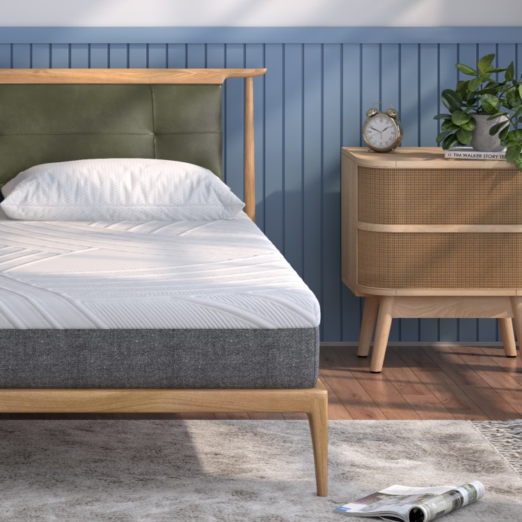 Front view of a full-size 8-inch memory foam mattress with jacquard cover, showcasing its medium-firm support and.