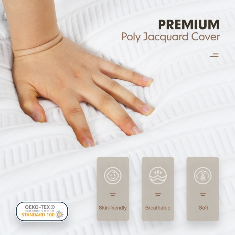 Close-up of the poly jacquard cover on a memory foam mattress, highlighting its skin-friendly and breathable features.