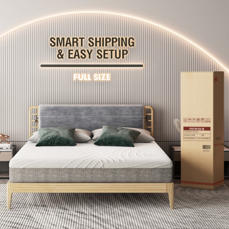 Full-size memory foam mattress with jacquard fabric cover, designed for medium-firm support and cool sleep.
