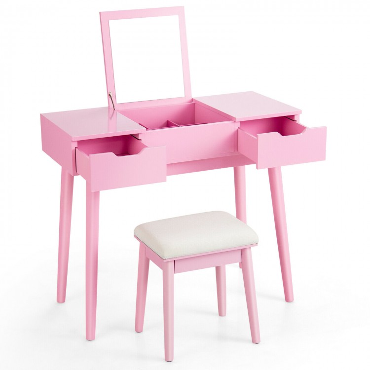 Side view of the pink makeup vanity table with flip-top mirror and spacious storage drawers, ideal for organized beauty.