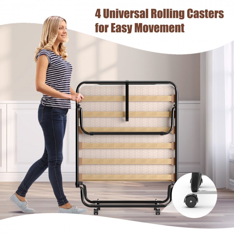 Folding guest bed with memory foam mattress, featuring a sturdy steel frame and 4 rolling casters for easy movement.