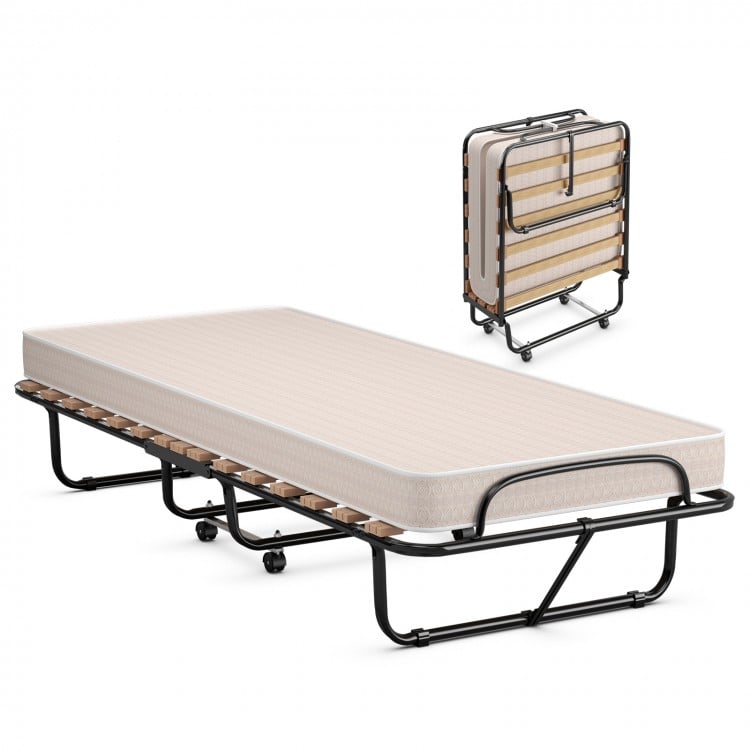 Folding guest bed with a high-density memory foam mattress on a sturdy steel frame, ideal for versatile use and easy.