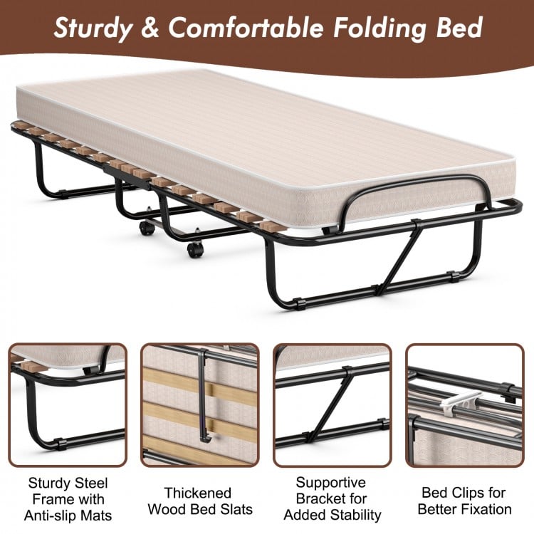 Folding guest bed with a 75 x 31.5 inch memory foam mattress, featuring a sturdy steel frame and wheels for easy.