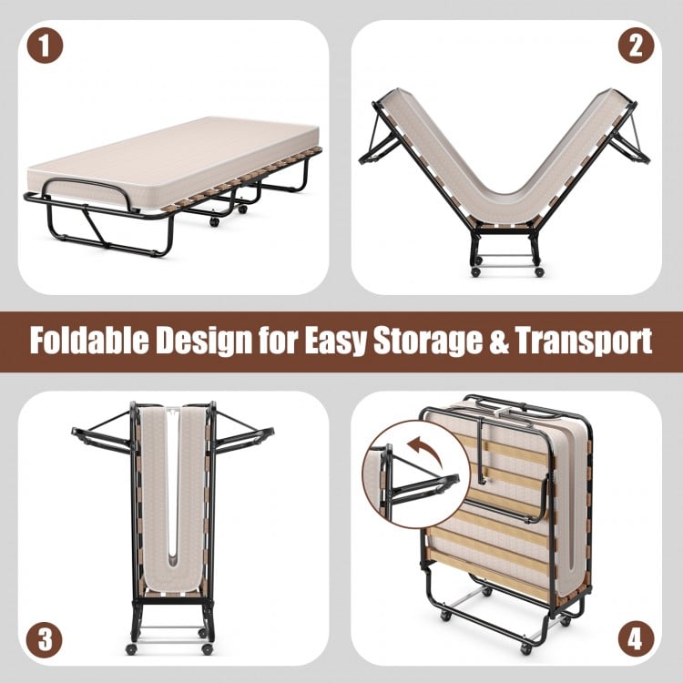 Folding guest bed with memory foam mattress, compact design for easy storage and transport, ideal for various rooms.