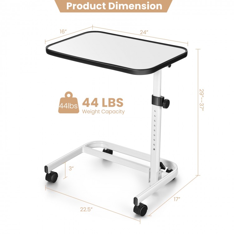Rolling overbed bedside table with adjustable height, tiltable PVC tabletop, and 44 lbs capacity for versatile use.