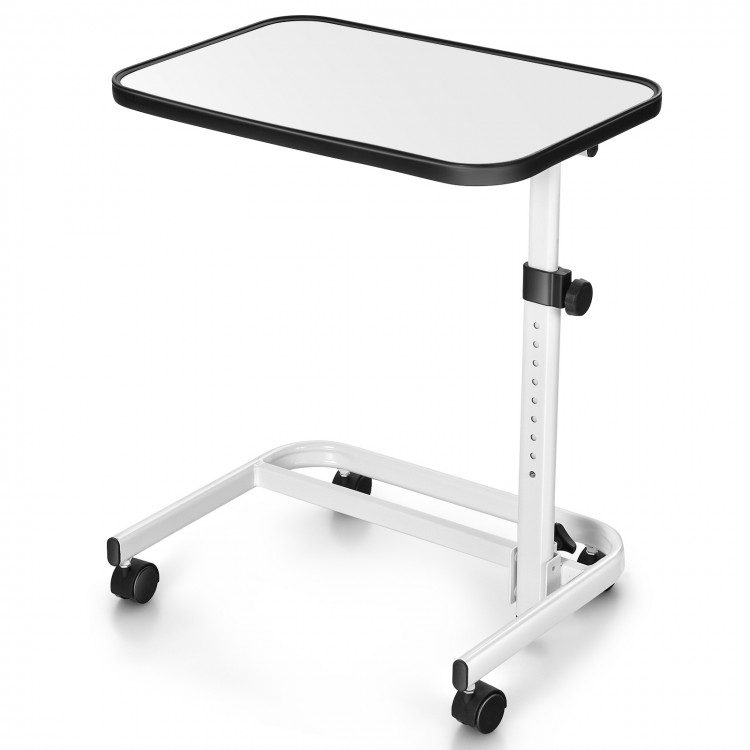 Adjustable rolling bedside table with a tiltable PVC top, C-shaped frame, and 4 casters for easy maneuverability.