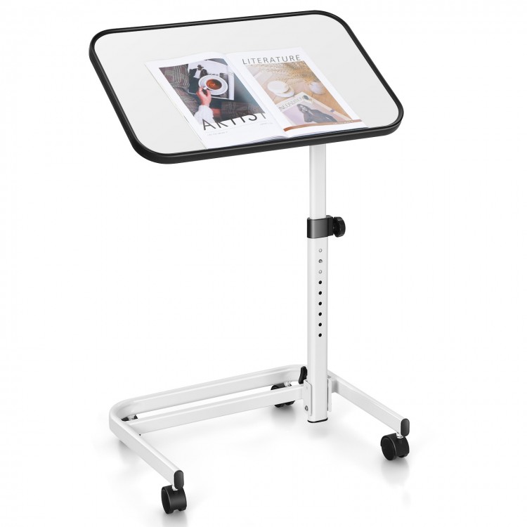 Rolling overbed bedside table with adjustable height, tiltable tabletop, and wheels for easy mobility and storage.