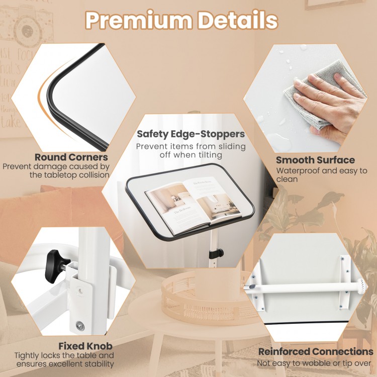 Rolling overbed bedside table with adjustable height, smooth PVC surface, and safety edge-stoppers for versatile use.