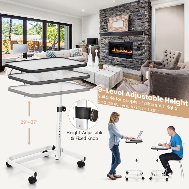 Rolling overbed bedside table with 9-level adjustable height, suitable for various uses, featuring a durable PVC top.