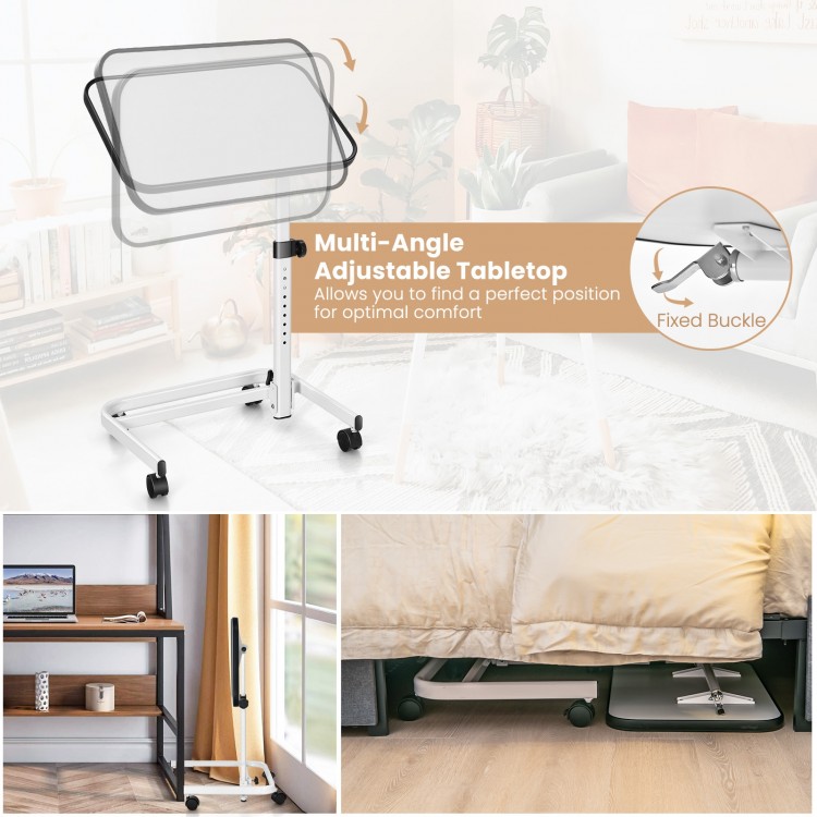 Rolling overbed bedside table with adjustable height, multi-angle tabletop, and C-shaped frame for optimal comfort.