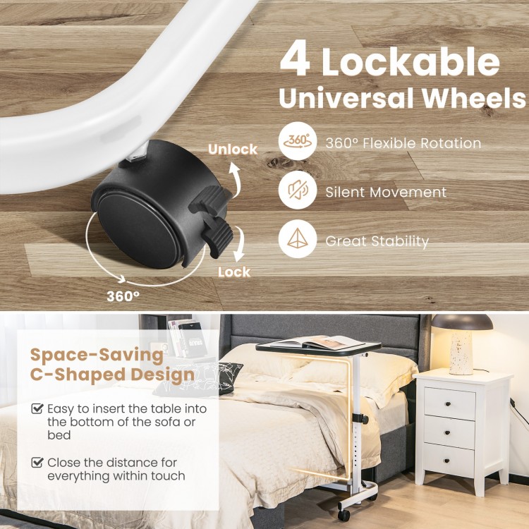 Rolling overbed bedside table with adjustable height, lockable wheels, and C-shaped design for easy positioning.