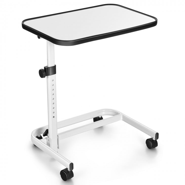 Rolling overbed bedside table with adjustable height, tiltable PVC tabletop, and 4 casters for easy mobility.