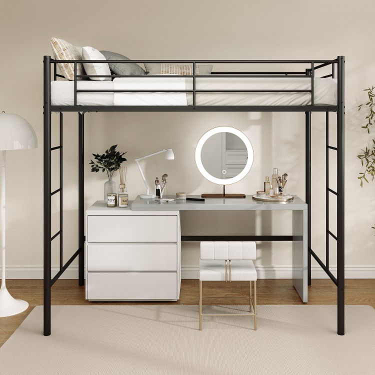 Twin loft bed frame in black with full-length guardrails and spacious under-bed storage for kids' rooms or apartments.