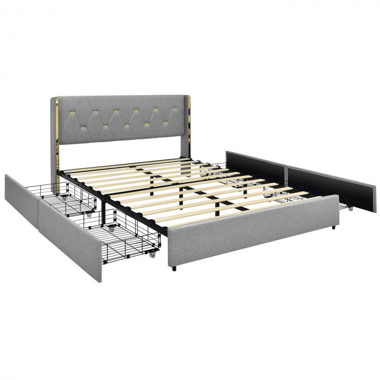 Upholstered full/queen bed frame in silver with tufted headboard and four rolling drawers for ample storage.