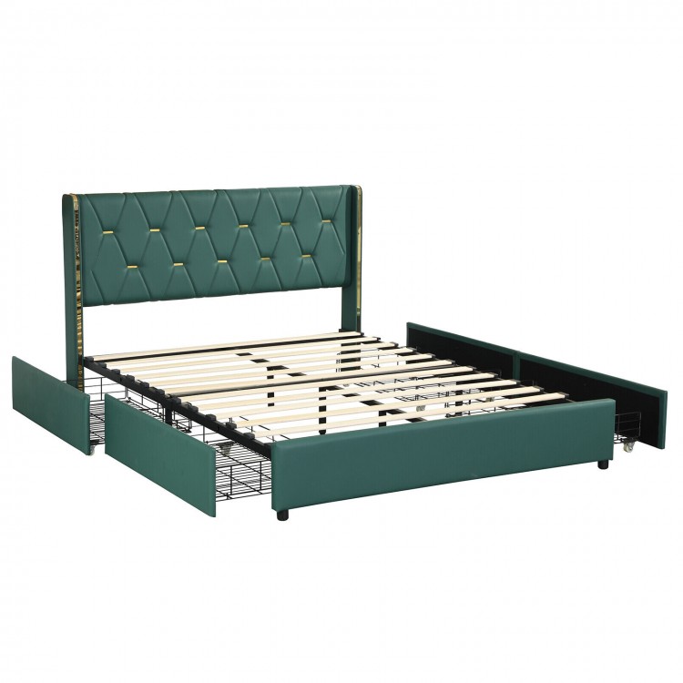 Upholstered green bed frame with tufted headboard and four storage drawers, designed for full/queen size mattresses.