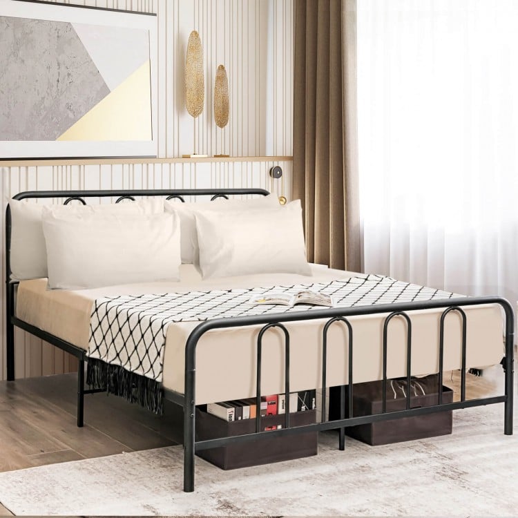 Elegant full size metal bed frame with headboard, showcasing a rustproof finish and ample 12" storage space underneath.