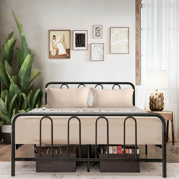 Full/Queen size metal bed frame with headboard and footboard, featuring a rustproof finish and under-bed storage.