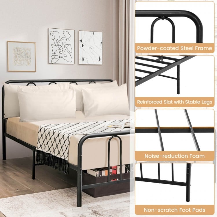 Full size metal bed frame with headboard and footboard, rustproof finish, sturdy slats, and 12" storage space.