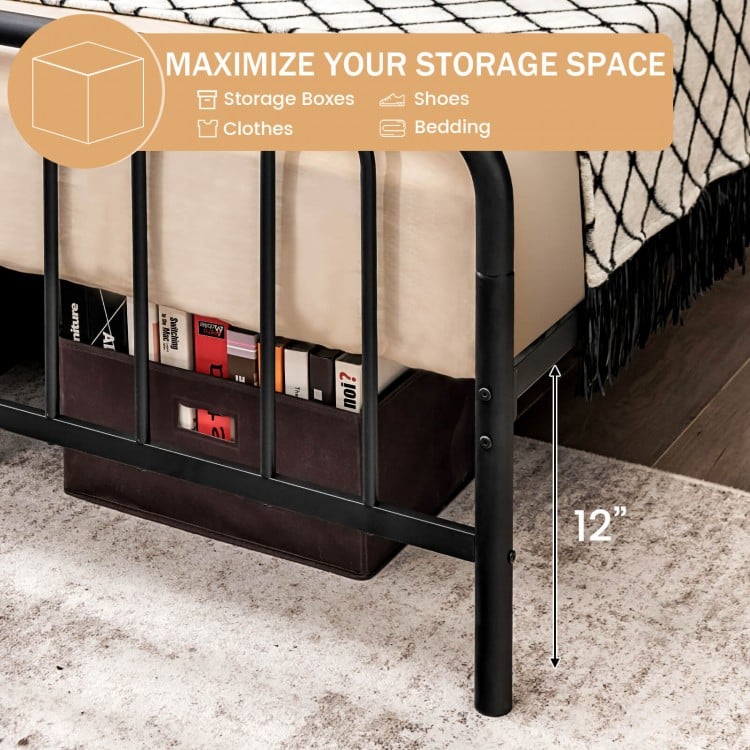 Full size metal bed frame with headboard, showcasing 12" storage space underneath for shoes and storage boxes.