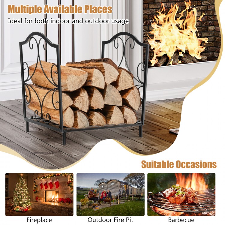 Heavy-duty steel firewood log rack with elegant patterns, ideal for indoor and outdoor use, promoting ventilation and.