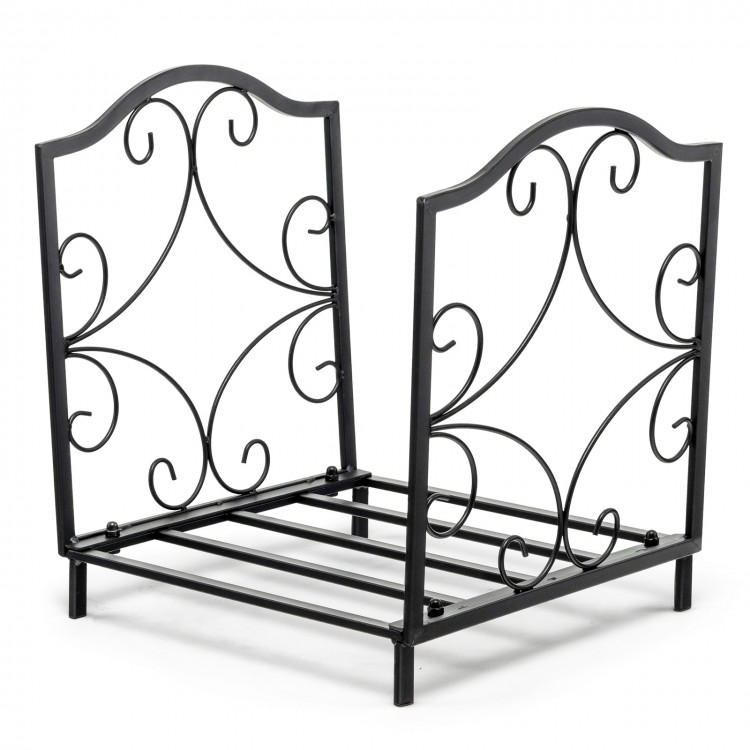 Heavy-duty steel firewood log rack with elegant patterns, raised legs for ventilation, suitable for indoor and outdoor.