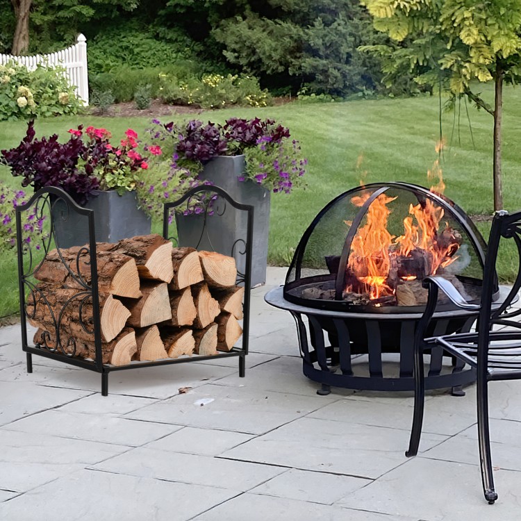 Compact heavy-duty steel firewood log rack with hollowed base for ventilation, perfect for tidy outdoor storage.