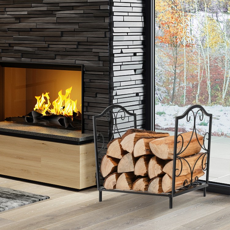 Heavy-duty steel firewood log rack with decorative patterns, raised legs for ventilation, ideal for indoor or outdoor.