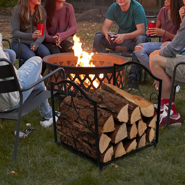 Heavy-duty steel firewood log rack with elegant patterns, raised legs for ventilation, perfect for indoor and outdoor.