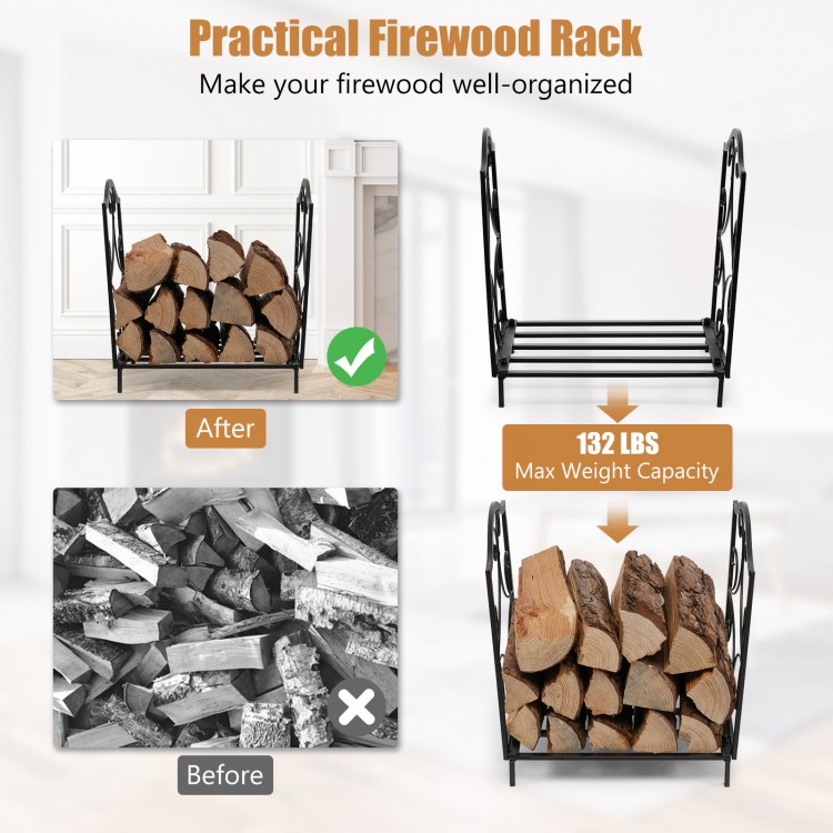 Heavy-duty steel firewood log rack with elegant patterns, raised legs for ventilation, ideal for indoor and outdoor use.