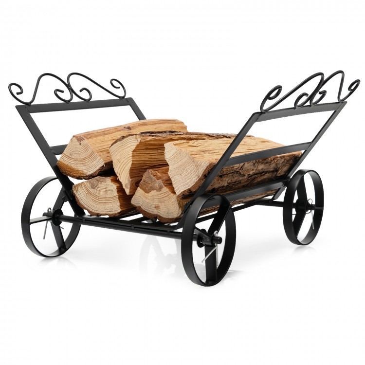 Decorative firewood rack with wheels, made of rustproof steel, providing elegant storage for indoor or outdoor firewood.