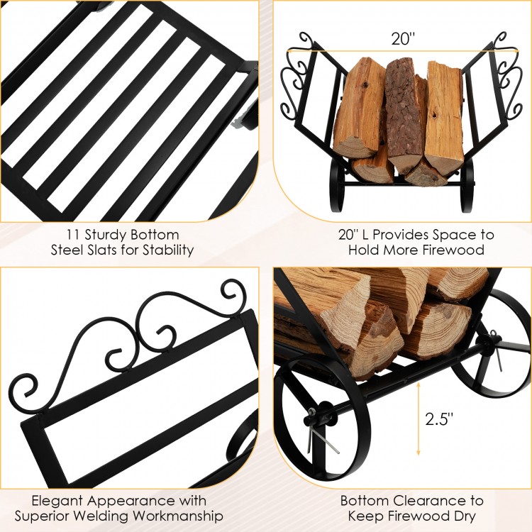 Compact firewood rack with wheels, rustproof steel, 20" capacity, 2.5" raised base for air circulation, ideal for.