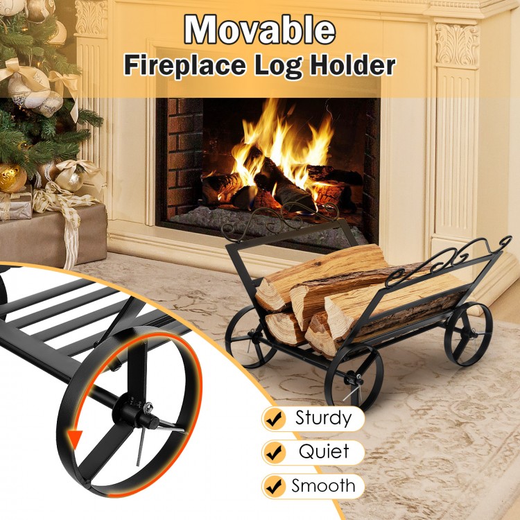 Movable firewood rack with wheels, sturdy rustproof steel design, ideal for indoor and outdoor fireplace storage.