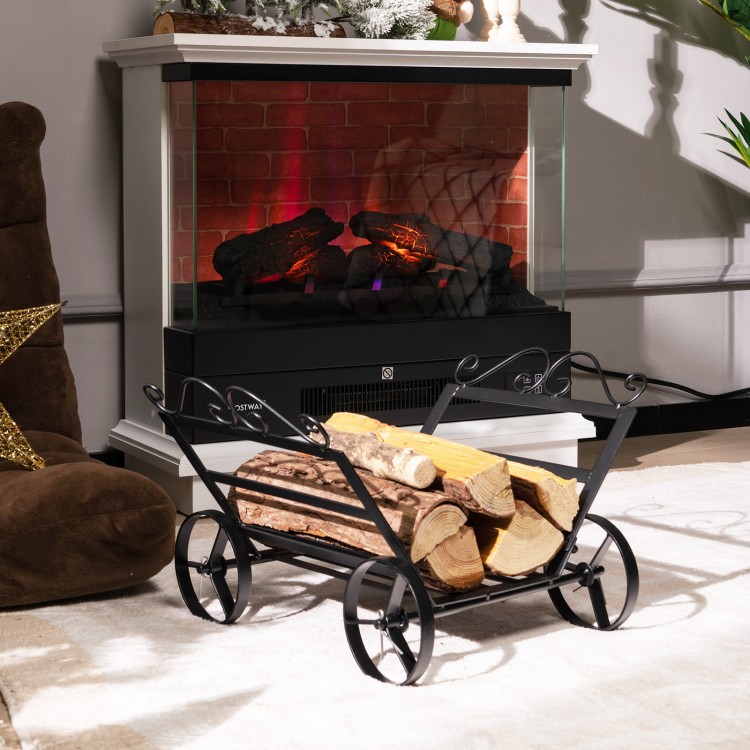 Compact firewood rack with wheels, made of rustproof steel, ideal for indoor or outdoor fireplace storage.