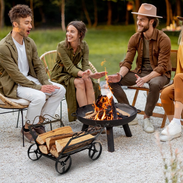 Compact firewood rack with wheels, made of rustproof steel, ideal for indoor or outdoor firewood storage.