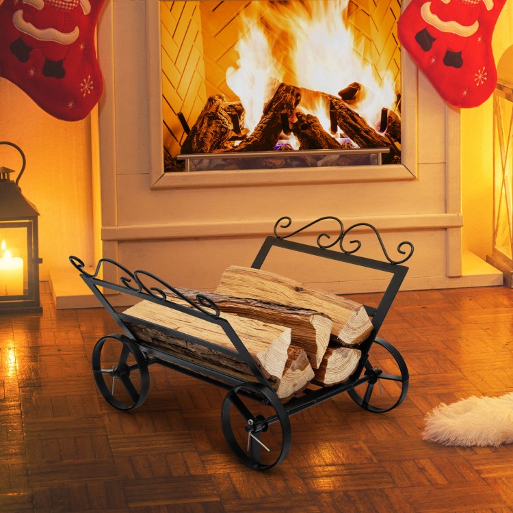 Decorative rustproof steel firewood rack with wheels, featuring a raised base for air circulation, ideal for indoor or.