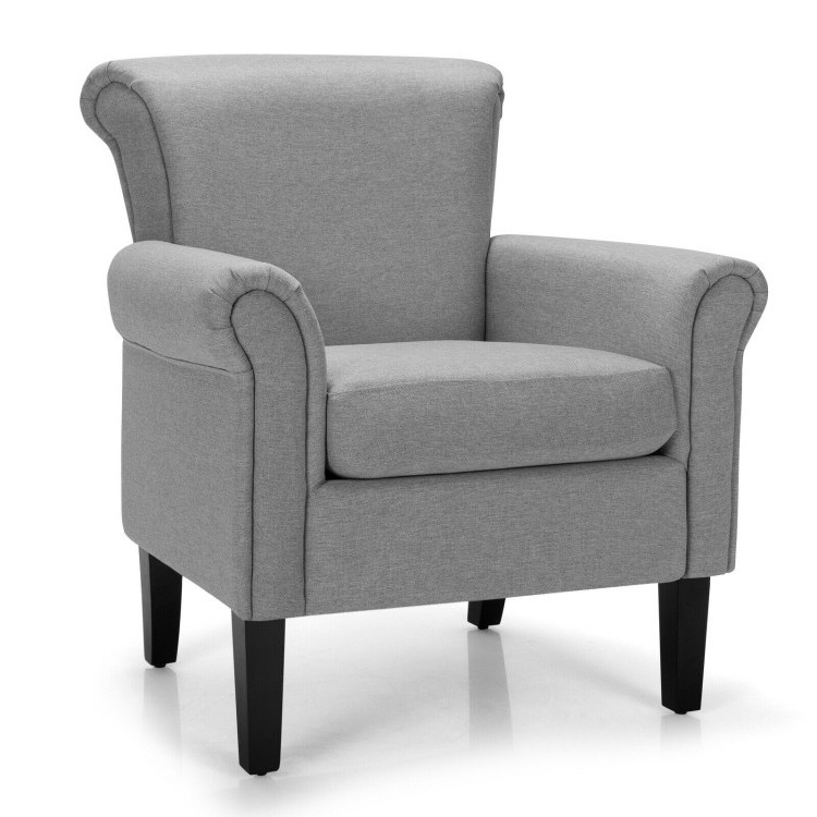 Light gray accent chair with padded backrest and oversized seat, providing comfort and style for any living space.