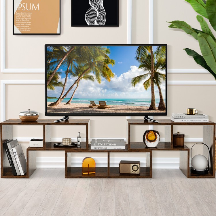 Console TV stand in brown with spacious tabletop and open shelves, perfect for TVs up to 65 inches in living room or.