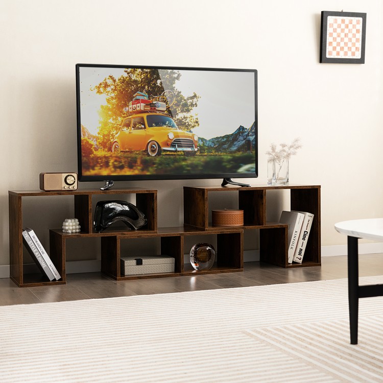 L-shaped and rectangular brown TV stand with spacious shelves, supporting TVs up to 65 inches, ideal for living rooms.