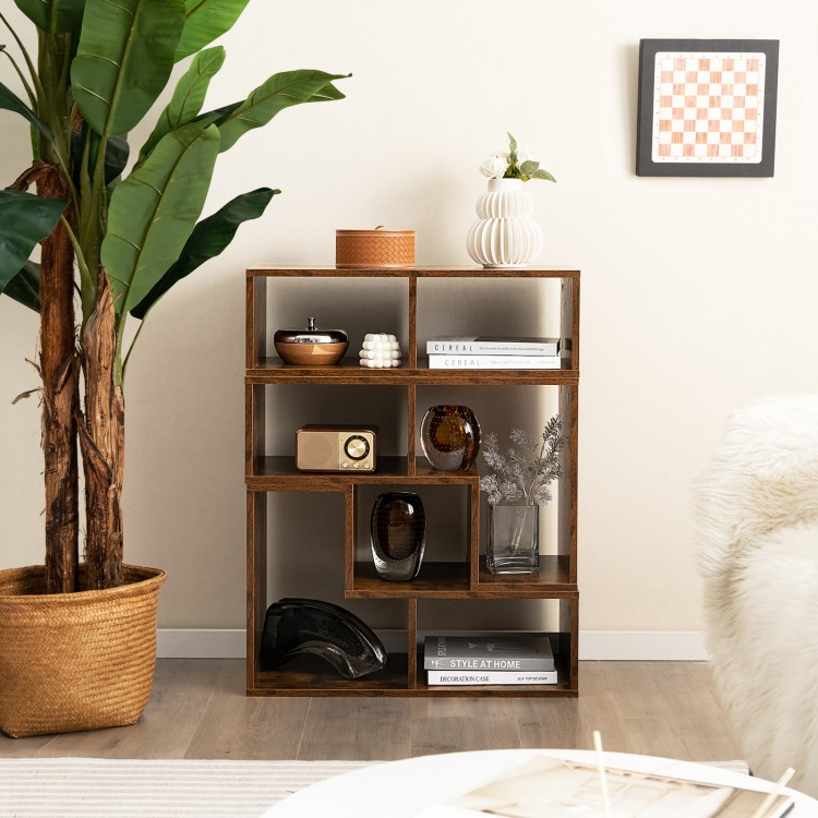 Brown 3-piece console TV stand with L-shaped and rectangular shelves, designed for TVs up to 65 inches, ideal for.