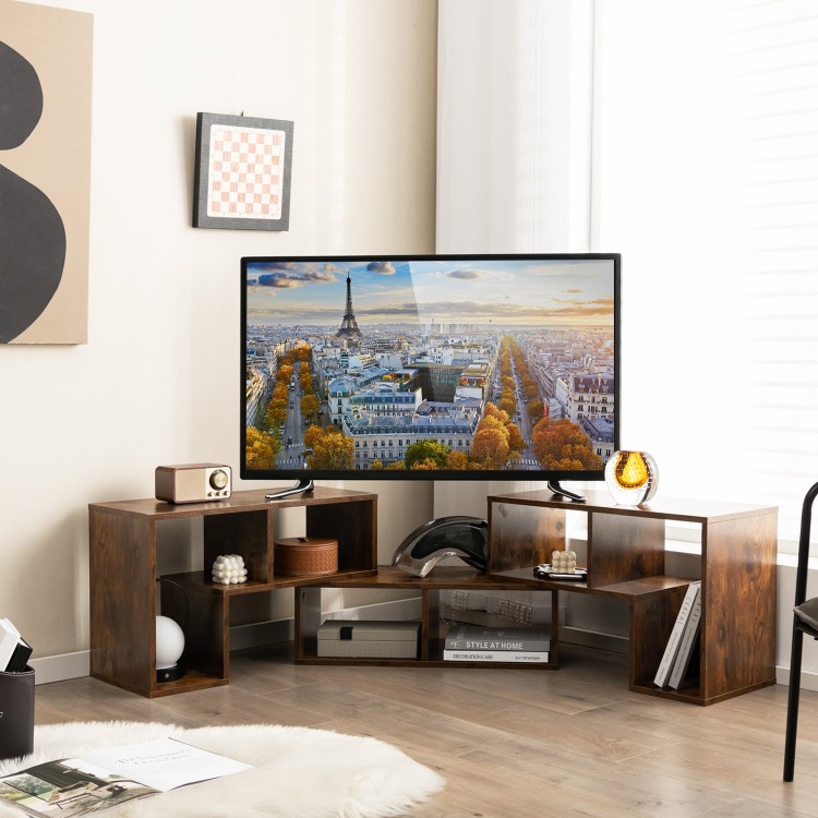 L-shaped and rectangular brown TV stand for TVs up to 65 inches, featuring spacious open shelves for storage.
