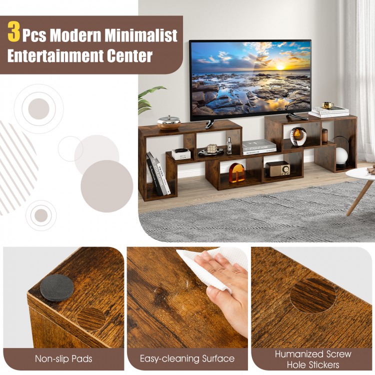 3-piece brown console TV stand with spacious tabletop for TVs up to 65", featuring 6 open compartments for storage.